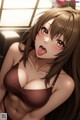 Anime girl with long brown hair sticking out her tongue.