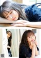 A collage of photos of a young woman laying on a window sill.